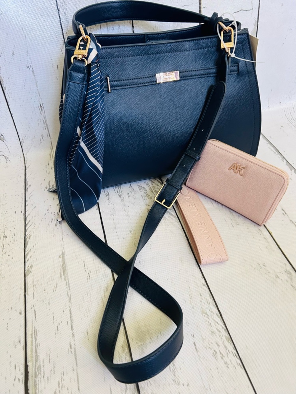 Anne Klein Navy Satchel Purse + Blush Pink Wallet & Scarf Accent Bundle - Picture 5 of 13
